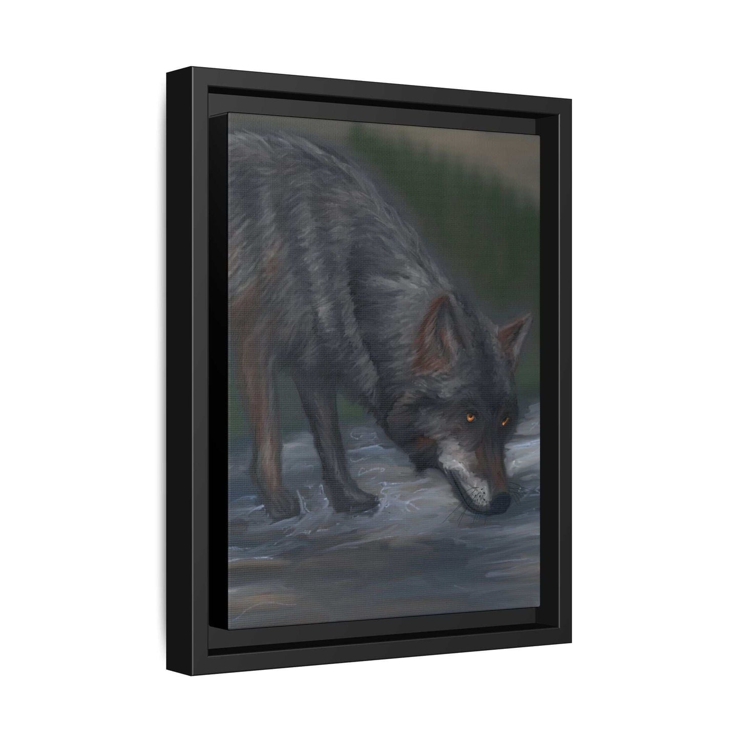 Framed wolf canvas art with vibrant colors, nature-inspired design.