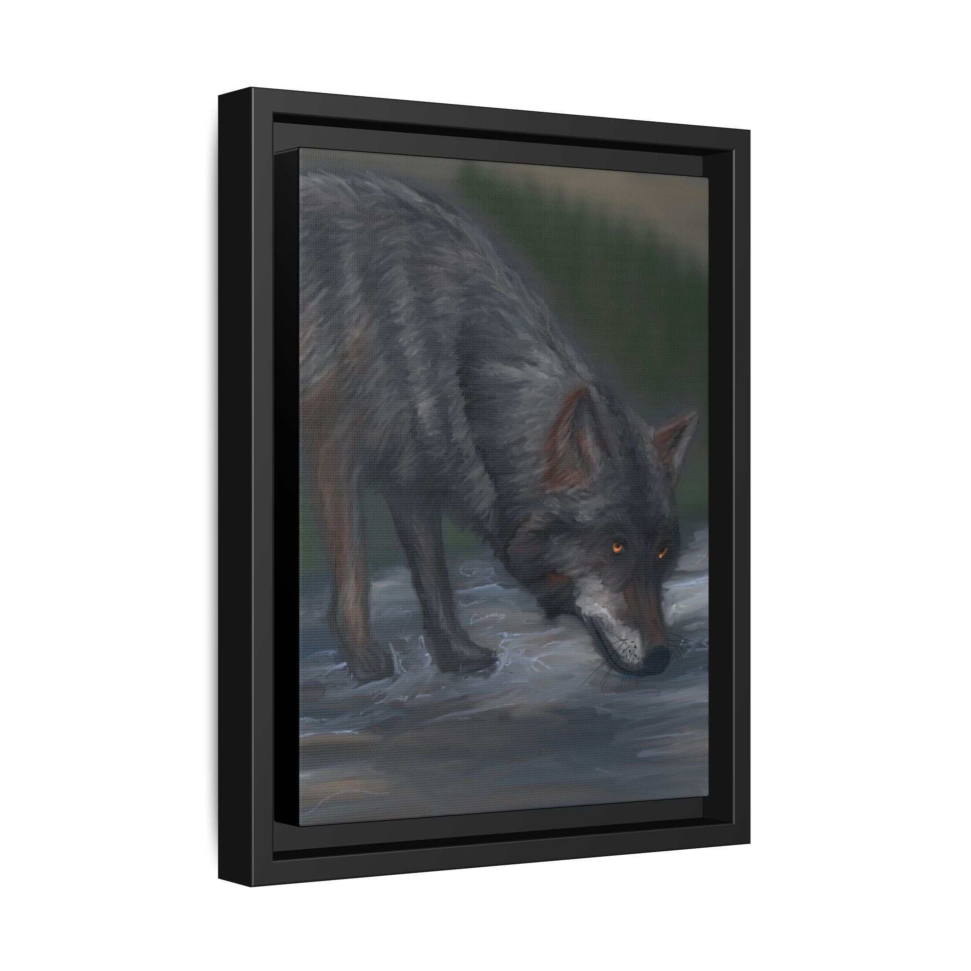 Framed wolf canvas art with vibrant colors, nature-inspired design.