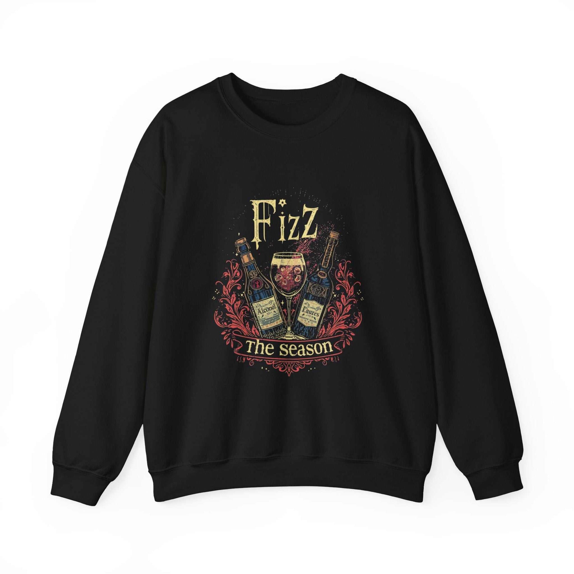 Black crewneck sweatshirt with vintage "Fizz the Season" ale bottle and glass holiday design
