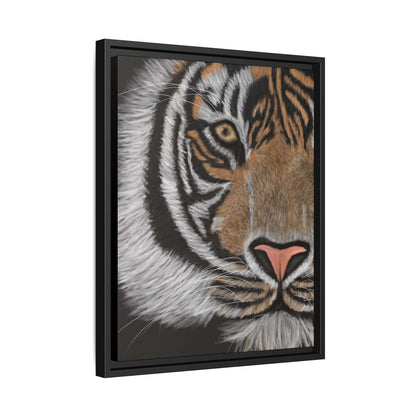 Tiger Matte Canvas in black frame displaying detailed tiger face artwork.