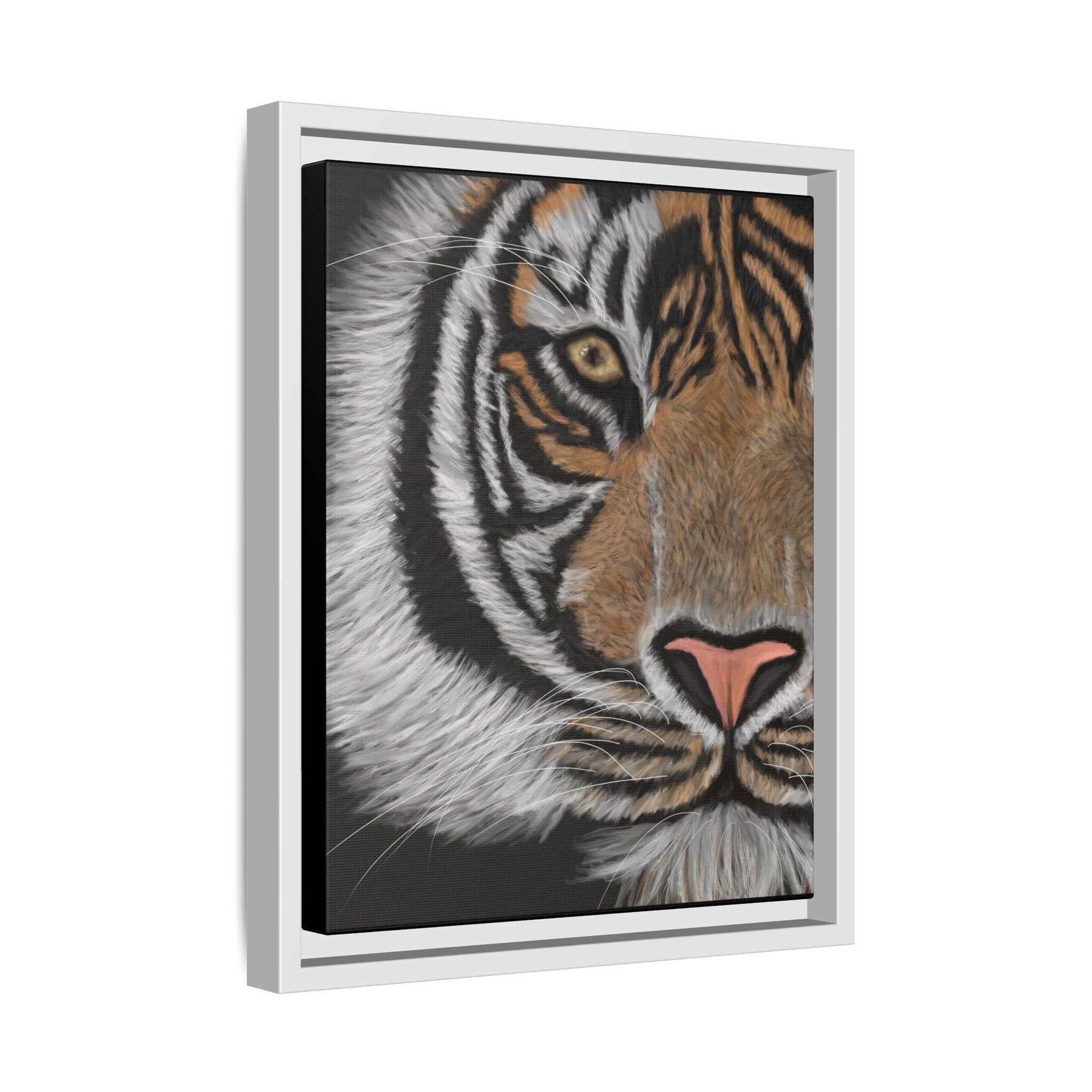 Tiger Matte Canvas framed art featuring a close-up of a tiger's face for jungle-themed decor.
