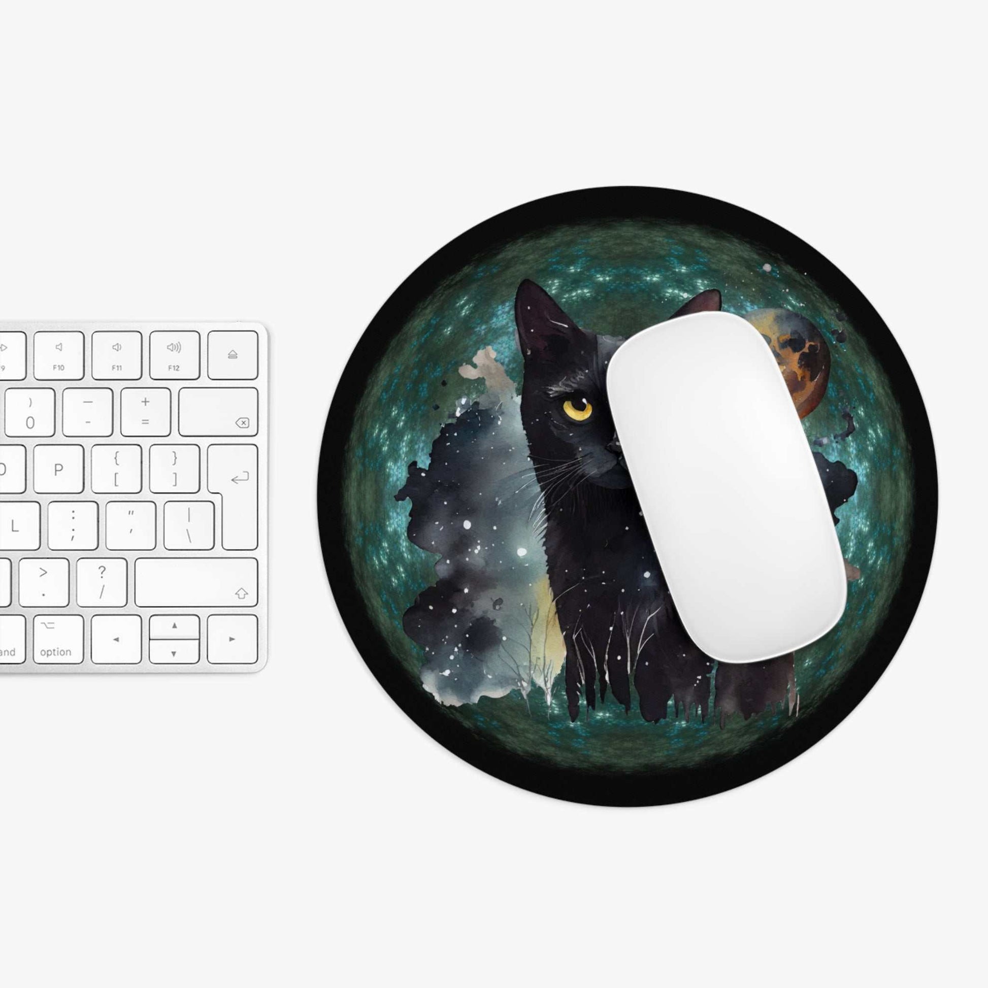 Mystical Cat Mouse Pad with black cat and cosmic design, perfect for cat lovers and workspace decor.