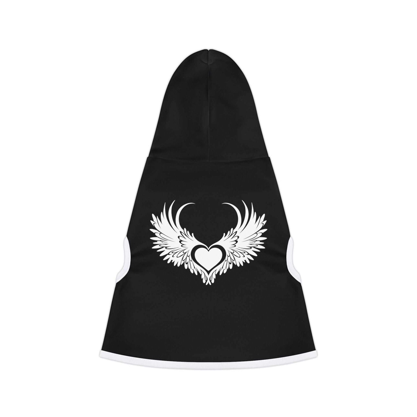 Stylish black pet hoodie with winged heart design.