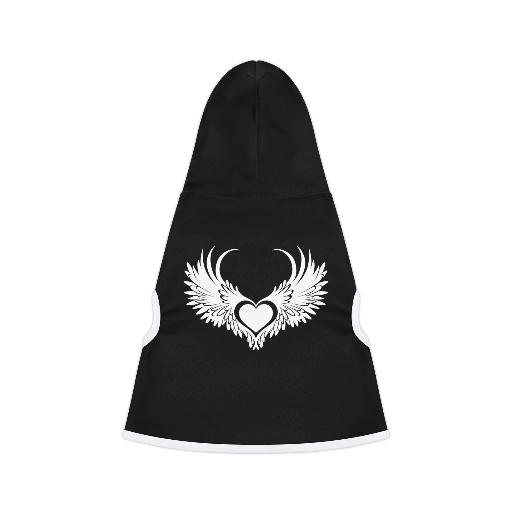Stylish black pet hoodie with winged heart design.
