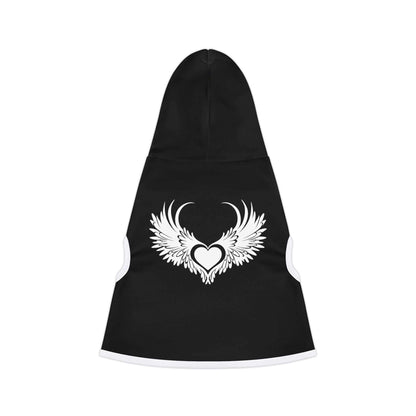 Stylish black pet hoodie with winged heart design.