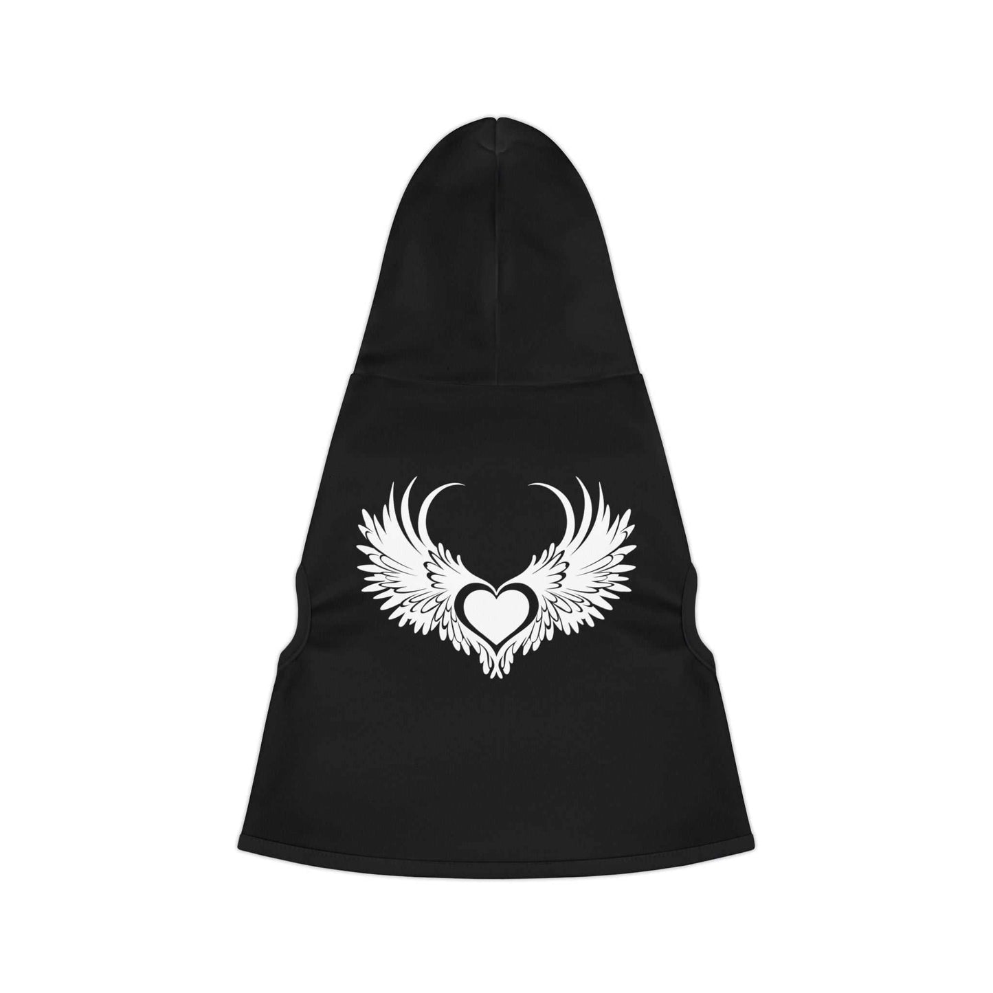 Stylish black pet hoodie with winged heart design.