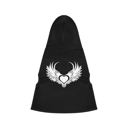 Stylish black pet hoodie with winged heart design.