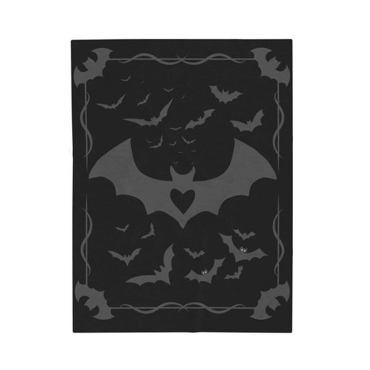 The Spooky Batheart velveteen plush blanket with bat pattern on black background