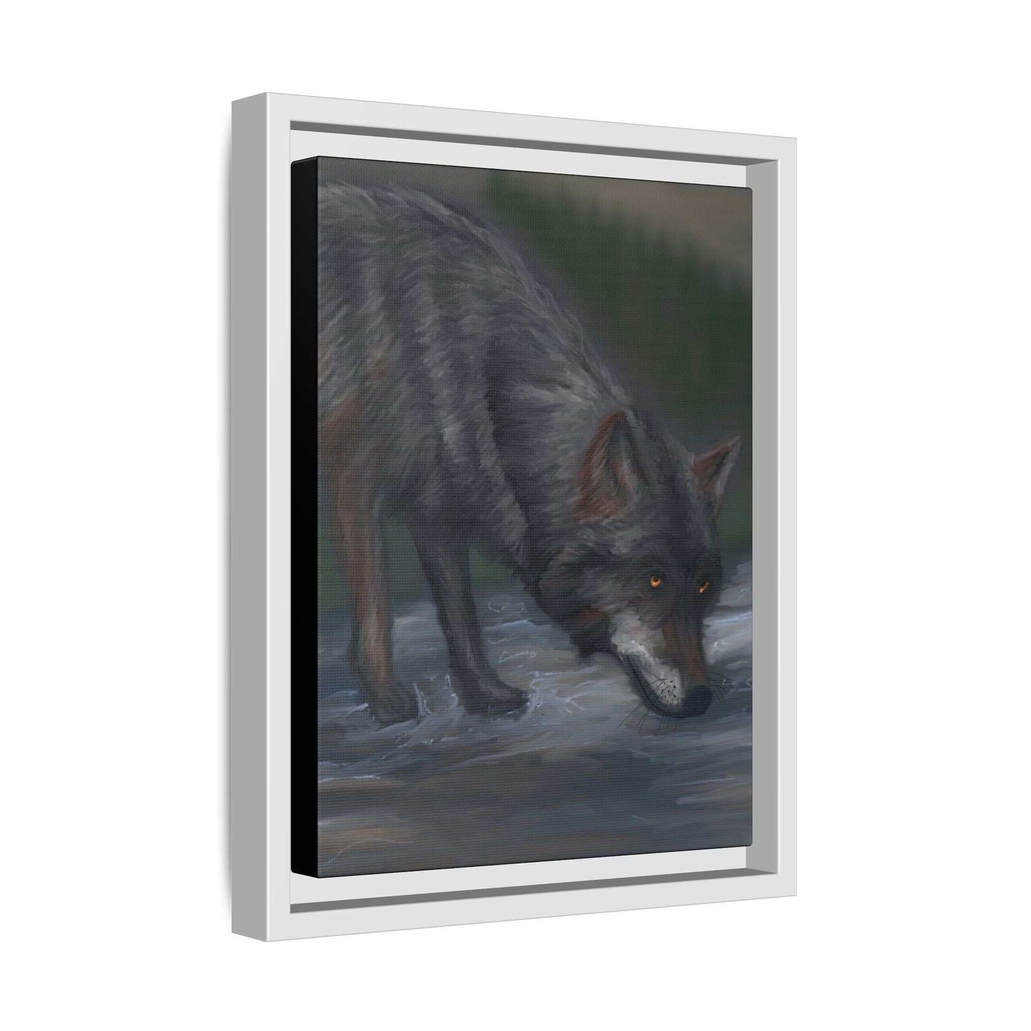 Framed wolf canvas art print, featuring a detailed wolf design, nature-inspired home decor.