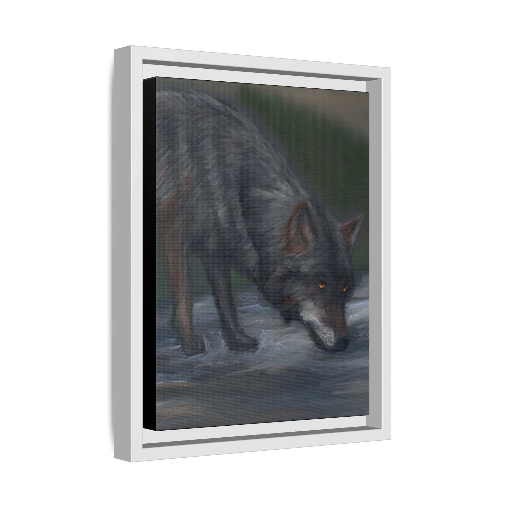 Framed wolf canvas art print, featuring a detailed wolf design, nature-inspired home decor.