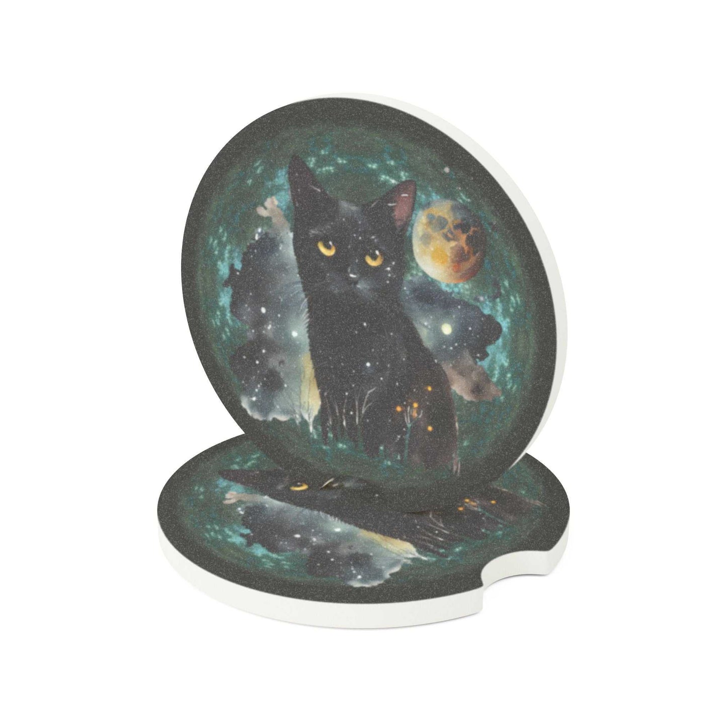 Celestial cat soapstone car coaster with galaxy design, perfect for cat lovers.
