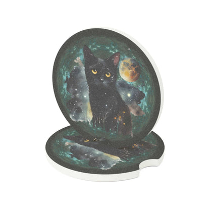 Celestial cat soapstone car coaster with galaxy design, perfect for cat lovers.