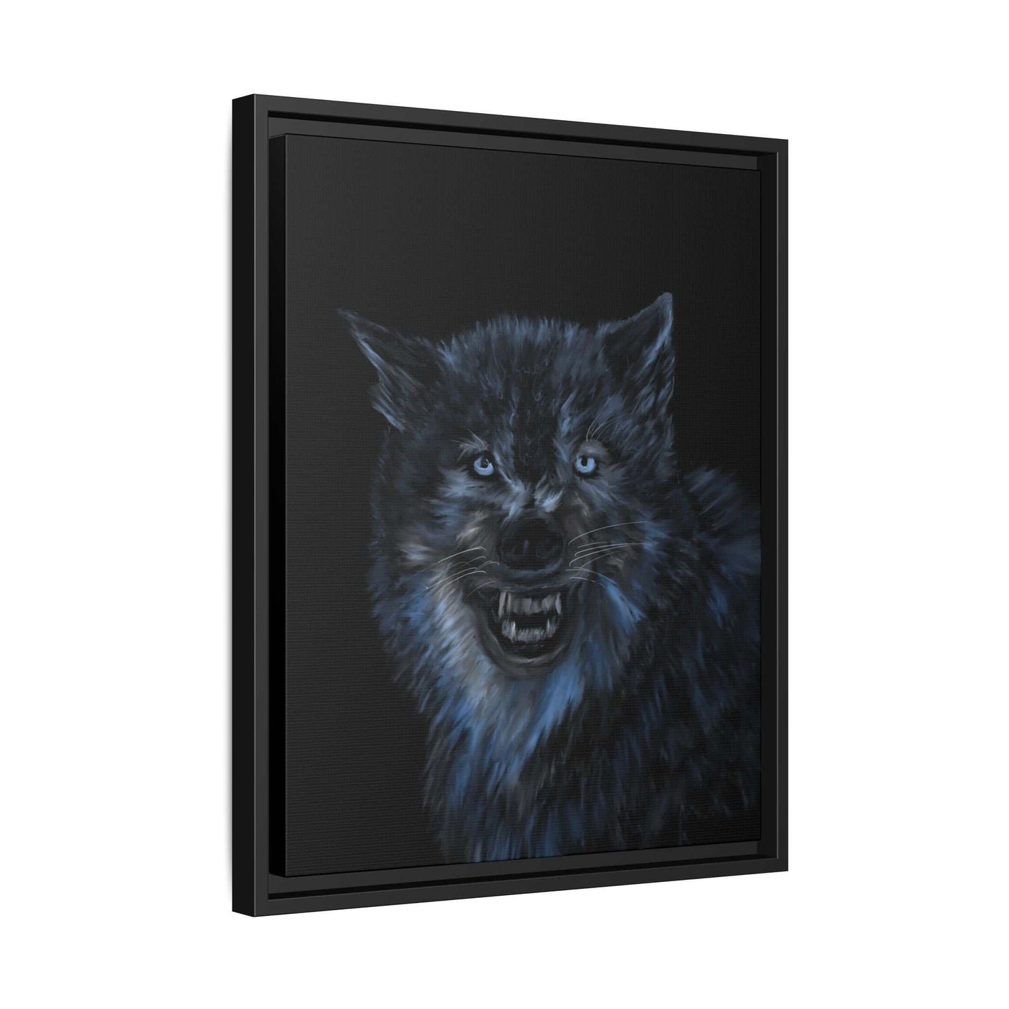Fierce wolf matte canvas art in black frame, perfect for nature lovers; vibrant, high-quality design.