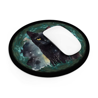 Mystical Cat Mouse Pad with cosmic black cat design, round shape, vibrant colors.