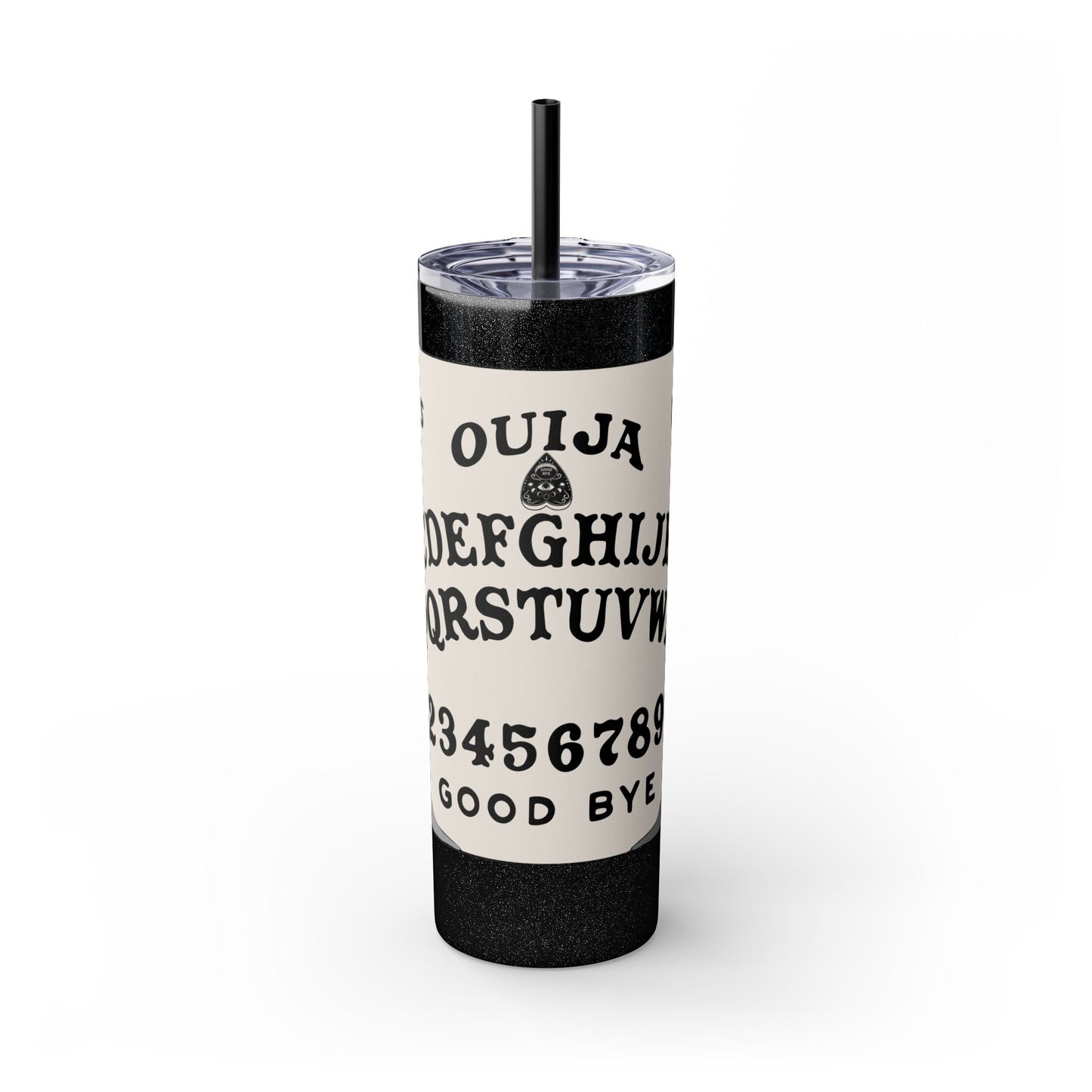 20oz stainless steel Ouija Board Tumbler with lid and straw, black and white Halloween themed drinkware with double wall insulation