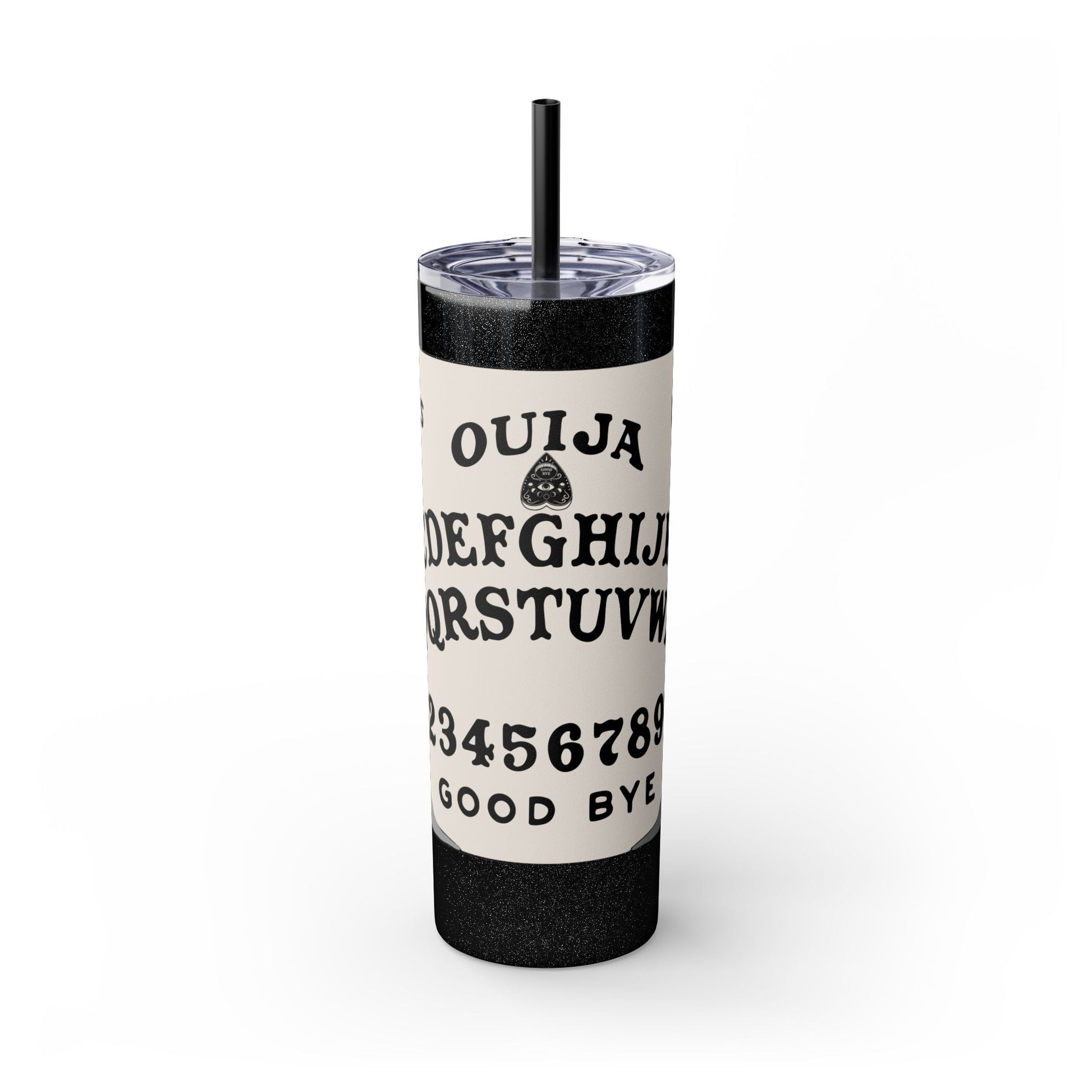 20oz stainless steel Ouija Board Tumbler with lid and straw, black and white Halloween themed drinkware with double wall insulation