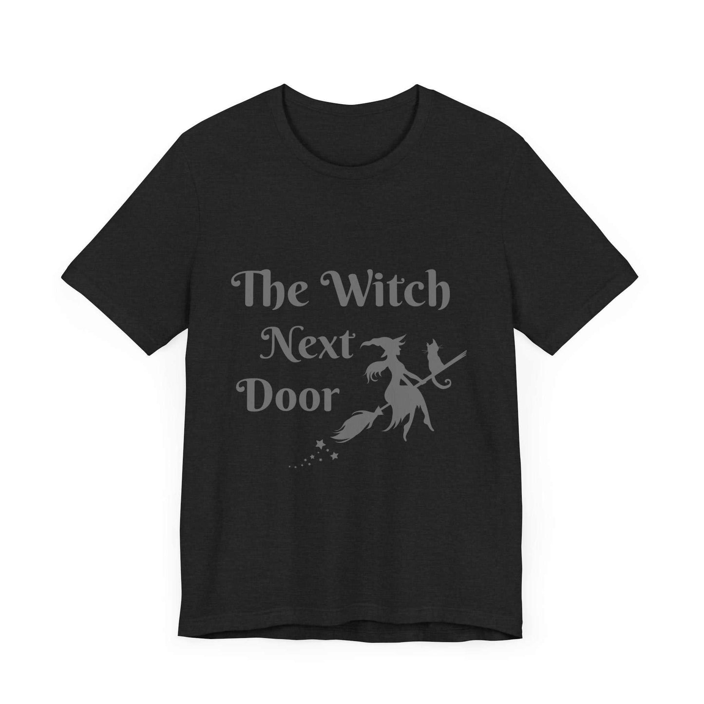 The Witch Next Door Unisex Jersey Tee with whimsical design, perfect for Halloween and everyday magic.
