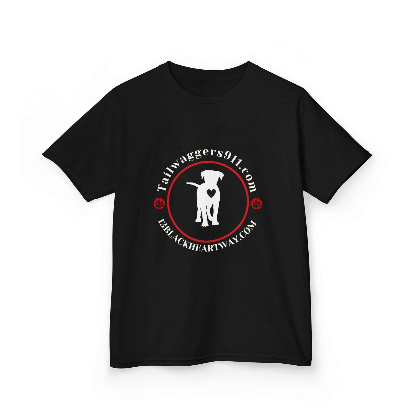 Black Tailwaggers 911 Kids Heavy Cotton Tee with white dog silhouette and red circular text design