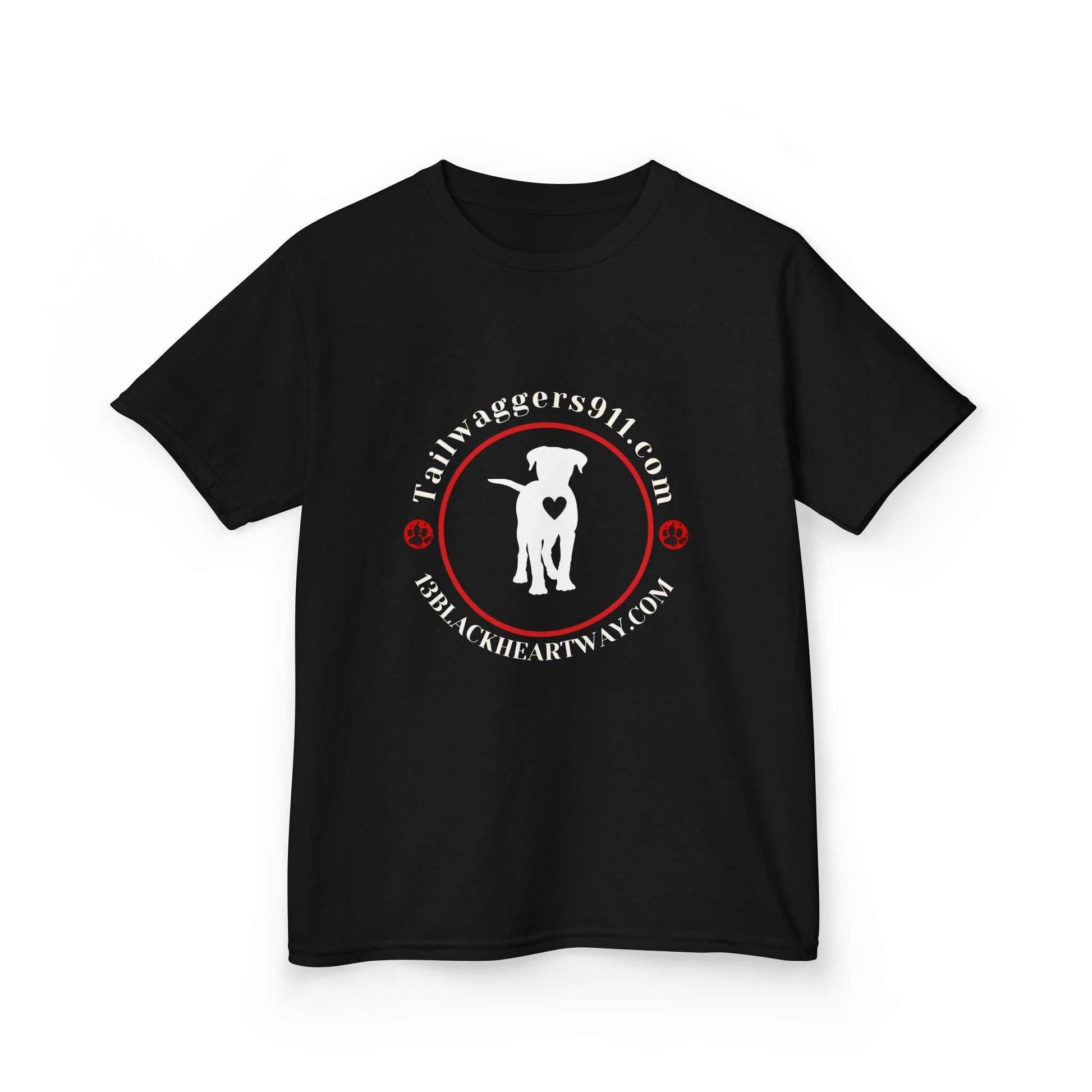 Black Tailwaggers 911 Kids Heavy Cotton Tee with white dog silhouette and red circular text design