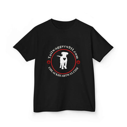 Black Tailwaggers 911 Kids Heavy Cotton Tee with white dog silhouette and red circular text design