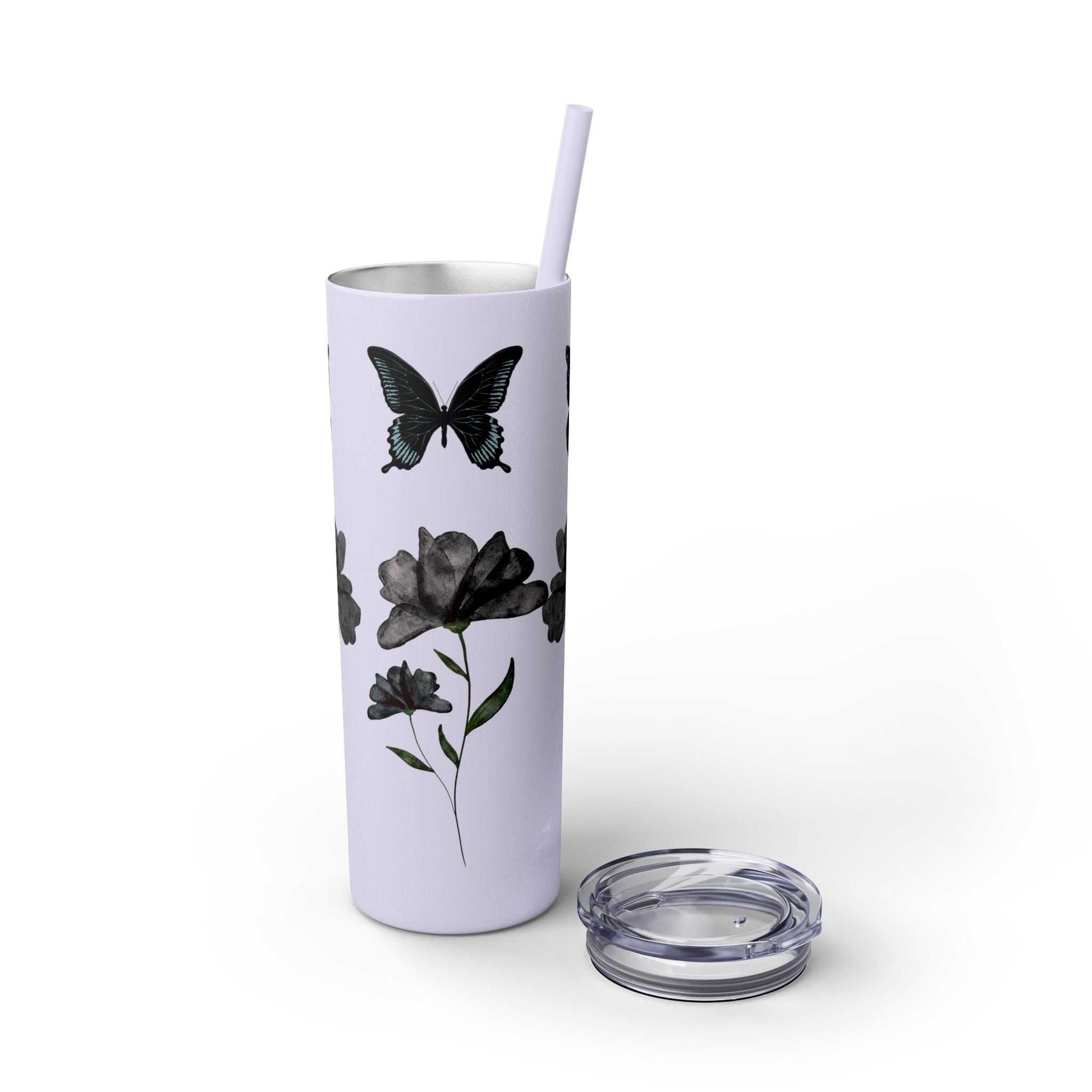 Tumbler Cup – Elegant Black Design with Butterflies & Flowers – 20oz