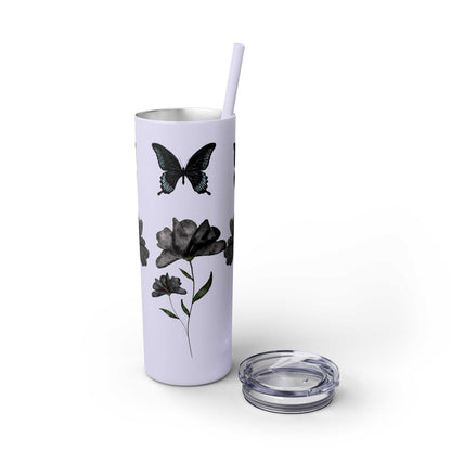 Tumbler Cup – Elegant Black Design with Butterflies & Flowers – 20oz
