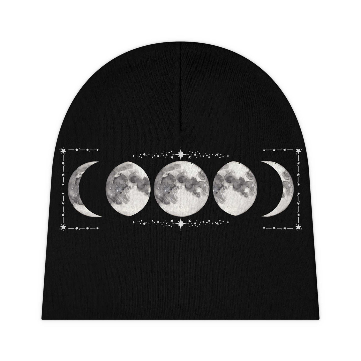 Black baby beanie featuring moon phases design, soft and suitable for infants.