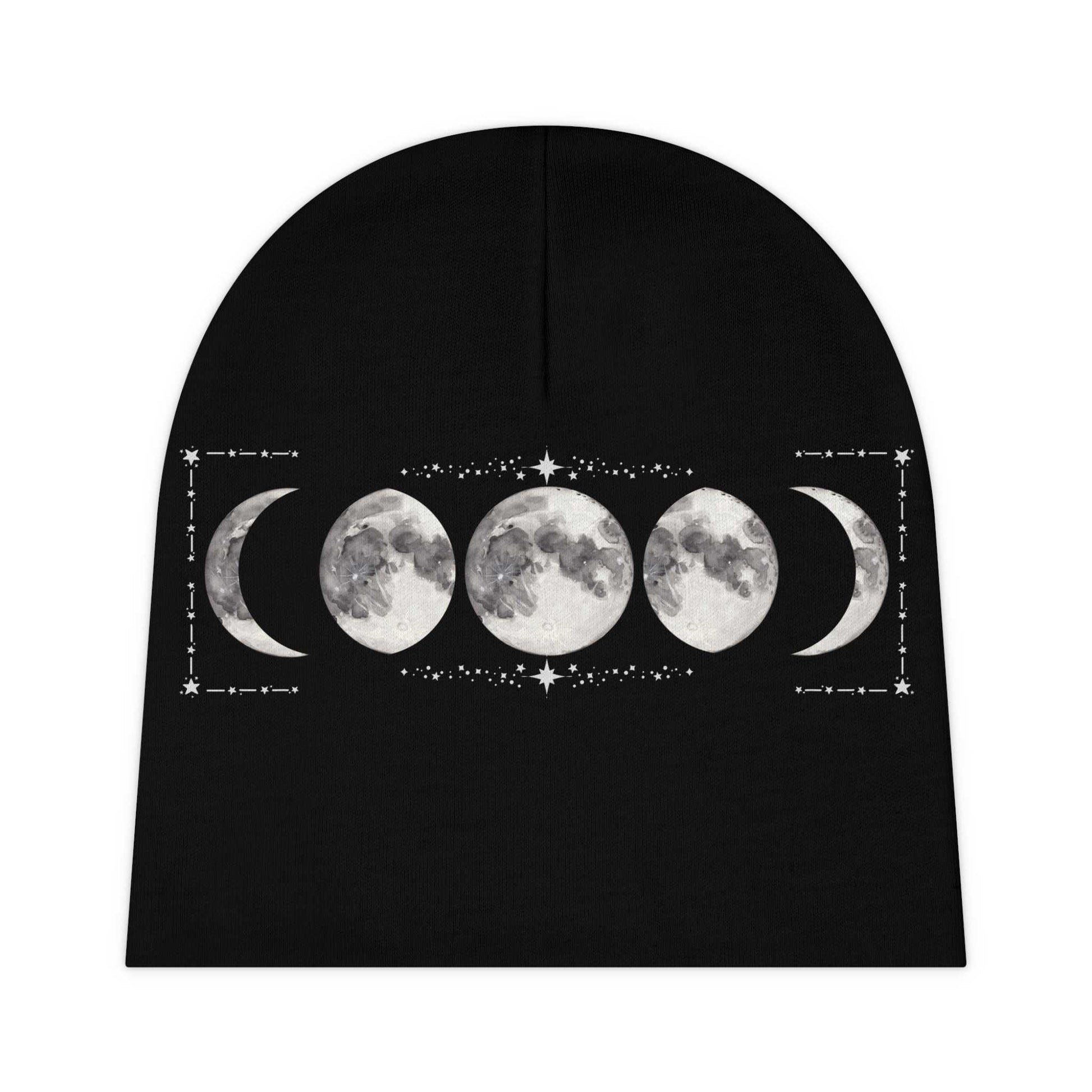 Black baby beanie featuring moon phases design, soft and suitable for infants.