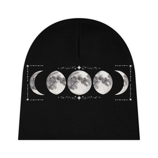 Black baby beanie featuring moon phases design, soft and suitable for infants.