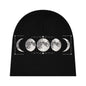 Black baby beanie featuring moon phases design, soft and suitable for infants.