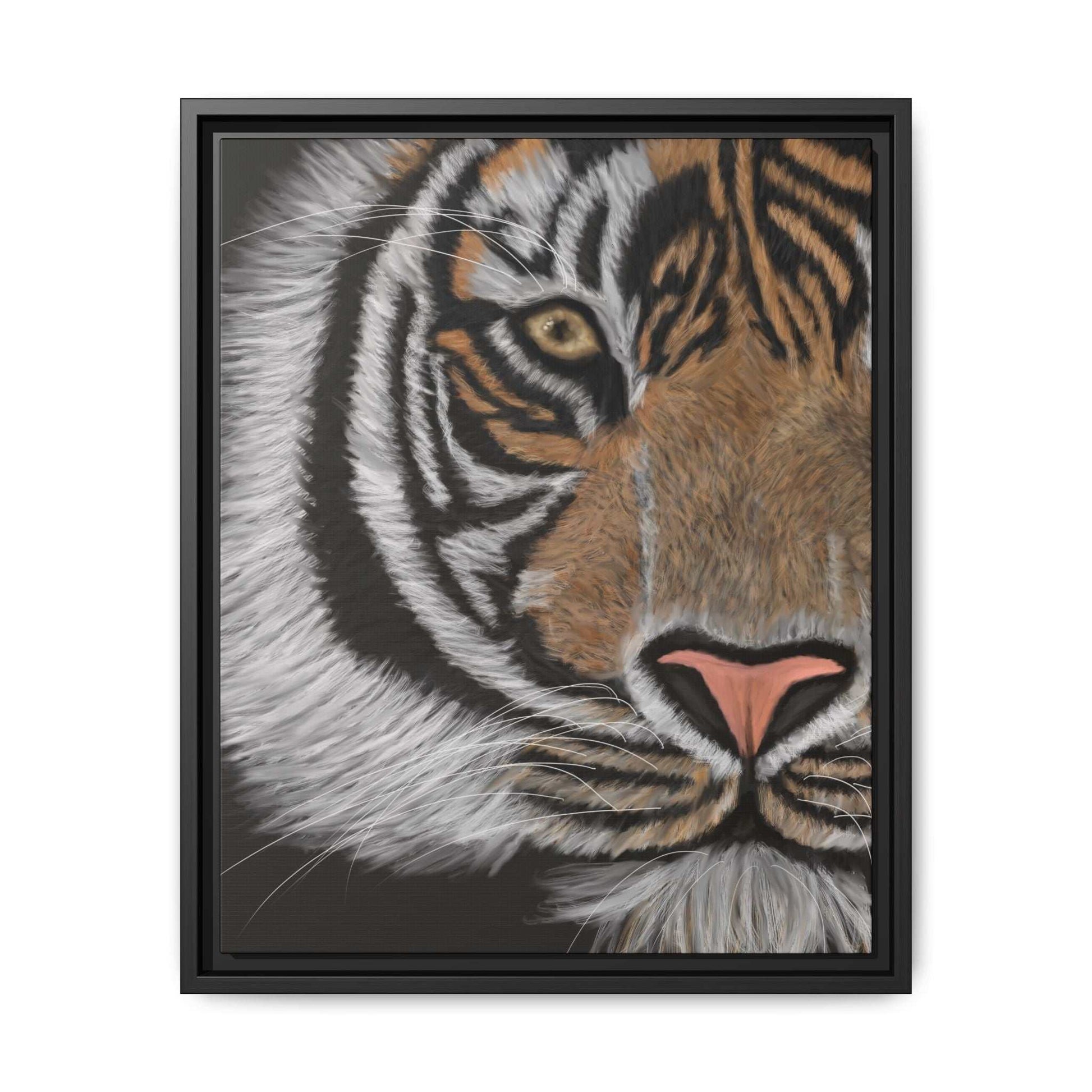 Tiger Matte Canvas framed art with vibrant colors, featuring a close-up of a tiger, perfect for jungle-themed decor.