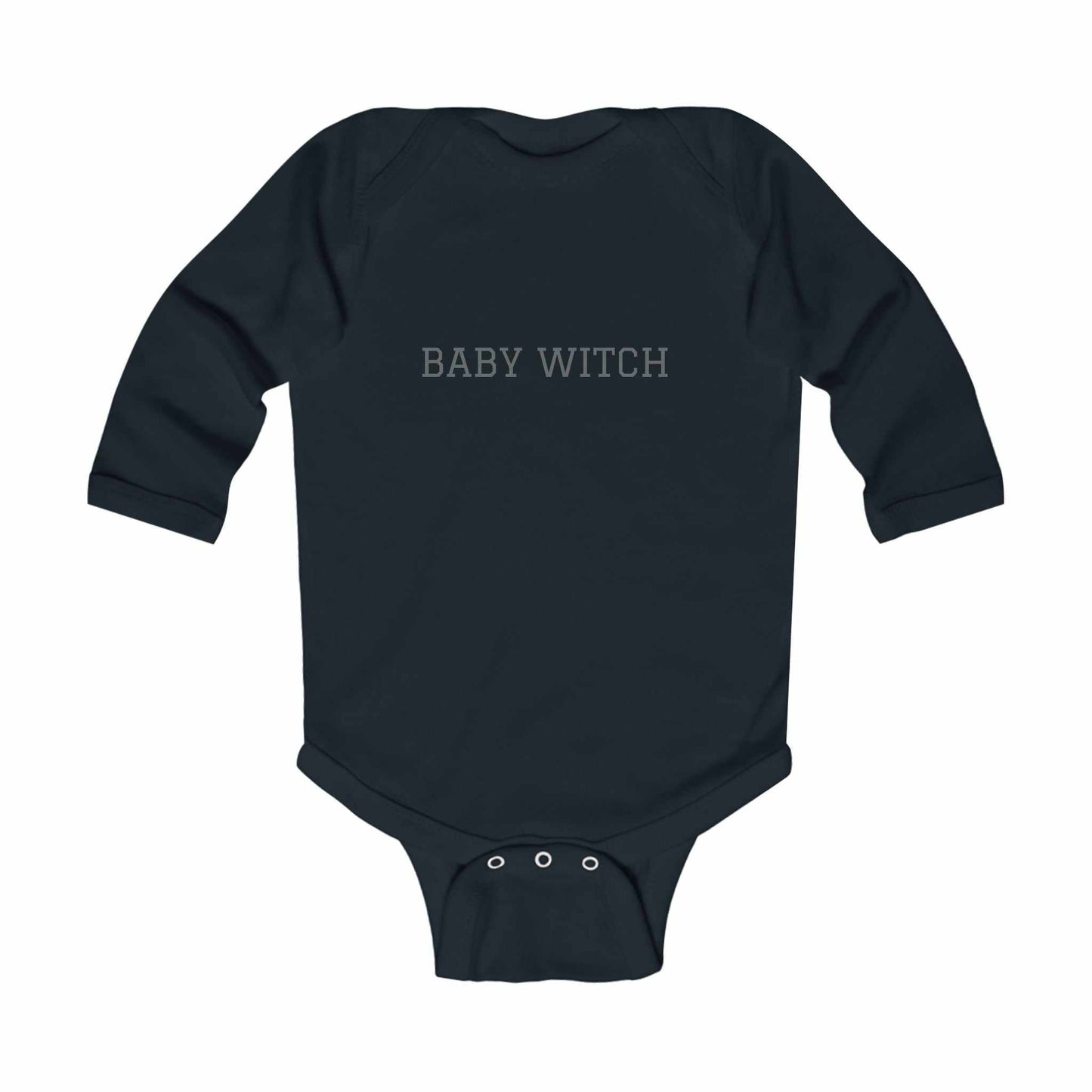 Baby Witch infant long sleeve bodysuit, 100% cotton, black with plastic snaps for easy changing.