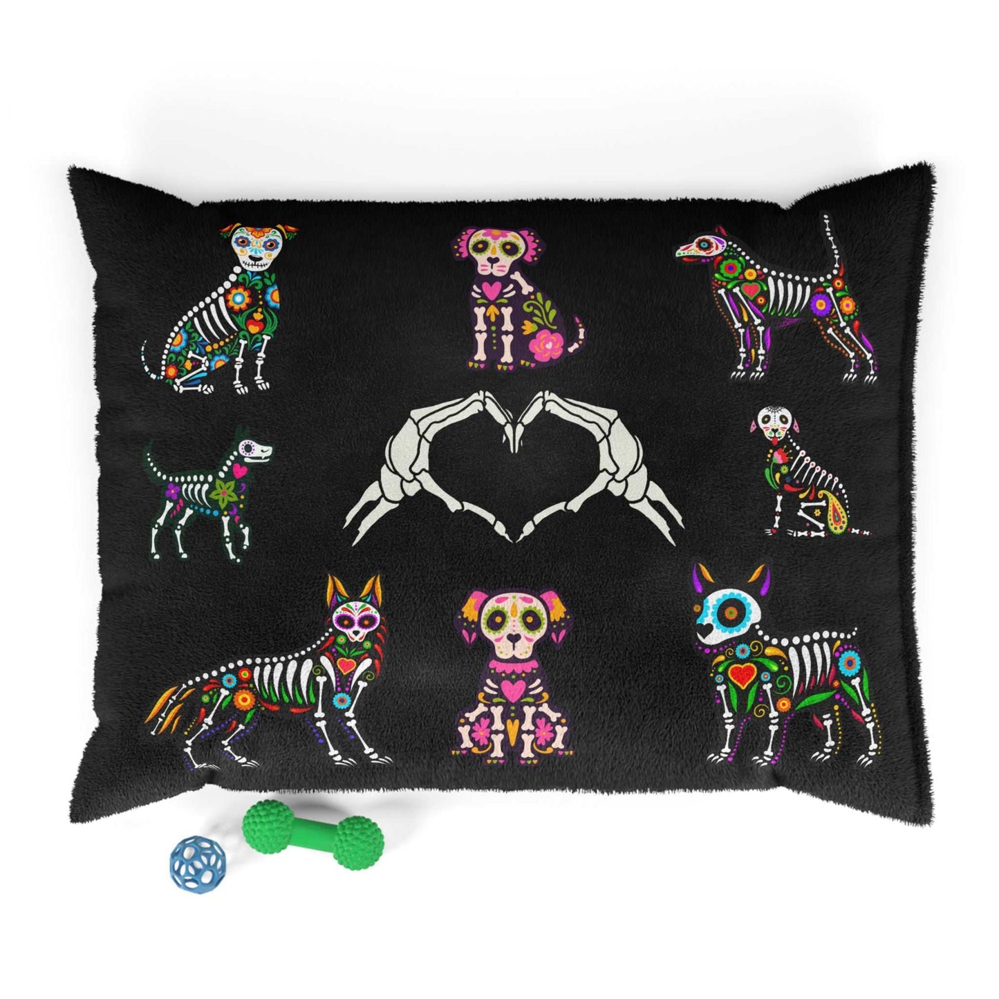 Colorful Sugar Skull dog bed with vibrant designs for Día de los Muertos.
