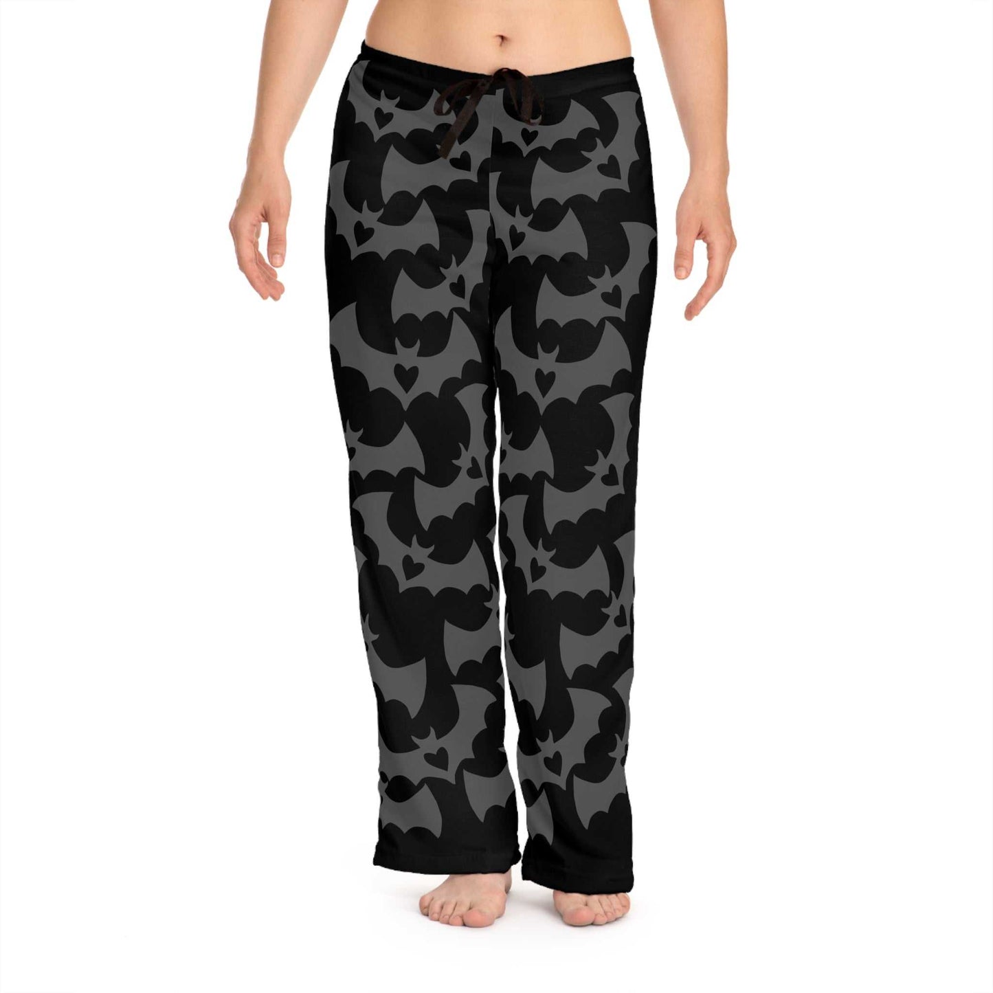 Black lounge pajama pants with bat and heart pattern, adjustable waistband, soft fabric.