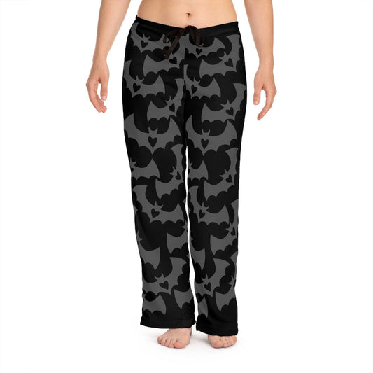 Black lounge pajama pants with bat and heart pattern, adjustable waistband, soft fabric.