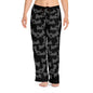 Black lounge pajama pants with bat and heart pattern, adjustable waistband, soft fabric.