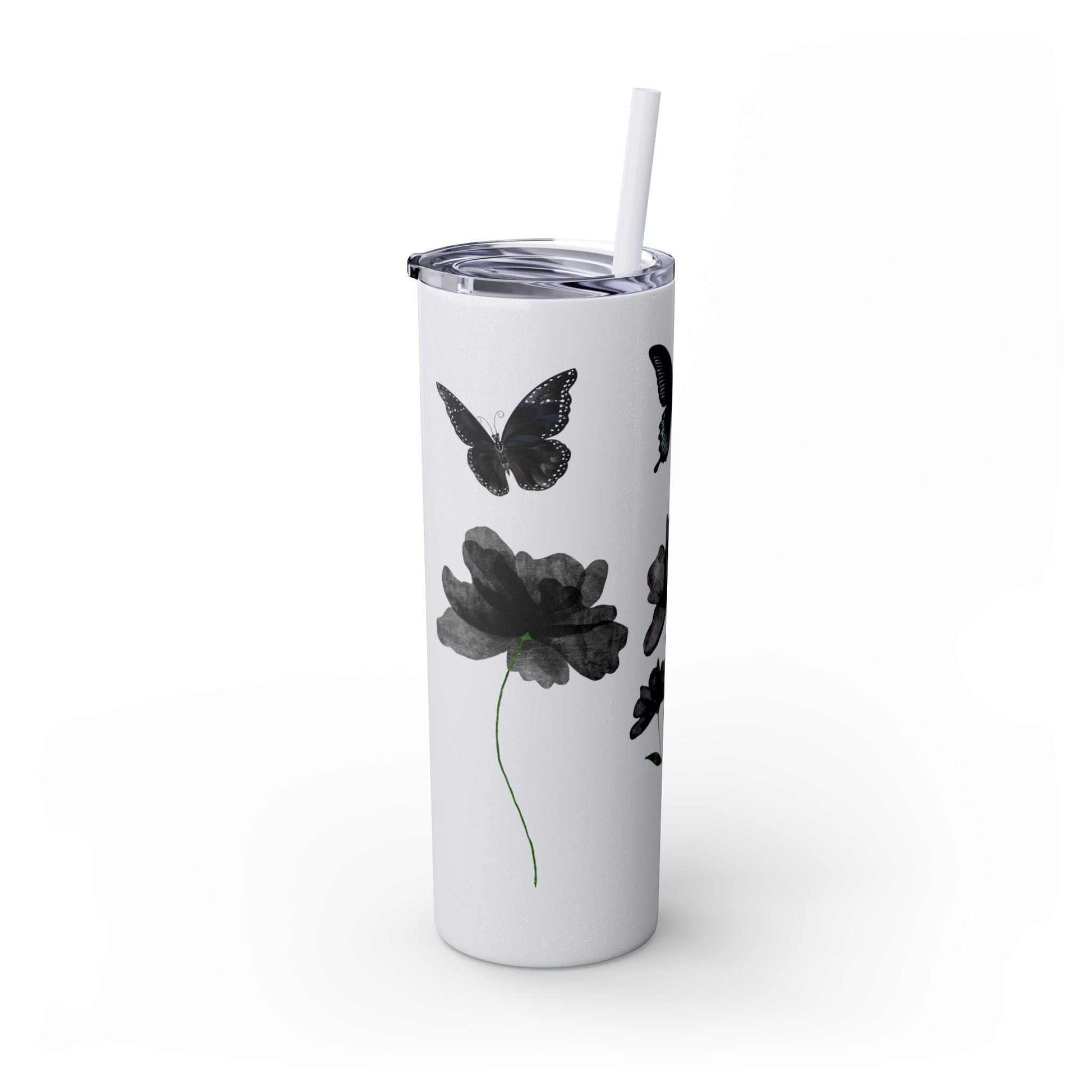Tumbler Cup – Elegant Black Design with Butterflies & Flowers – 20oz