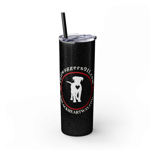 Black Skinny Tumbler with straw featuring Tailwaggers 911 dog rescue logo, 20oz travel mug with double-wall insulation.