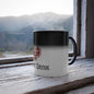 Black color morphing mug revealing "Poison" skull design when heated, 11oz capacity.