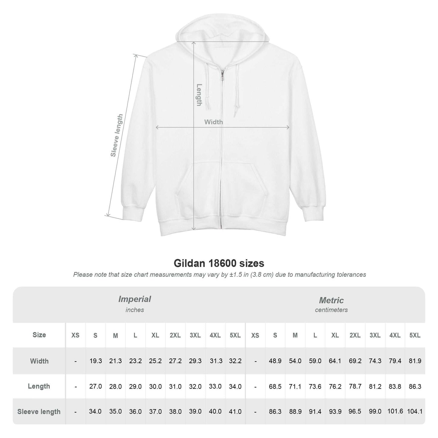 White zip-up hoodie with adjustable hood, front pockets, and detailed size chart for Blackheart Logo Cozy Unisex Zip-Up Hoodie