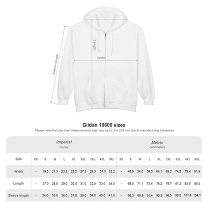 White zip-up hoodie with adjustable hood, front pockets, and detailed size chart for Blackheart Logo Cozy Unisex Zip-Up Hoodie