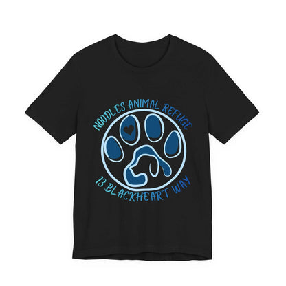 Black "Look Good Do Good" tee with blue paw print design for Noodles Animal Refuge x 13 Blackheart Way collaboration