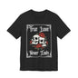 Black Till Death Tee with two skulls and red roses in a Victorian border, featuring the text "True Love Never Ends"