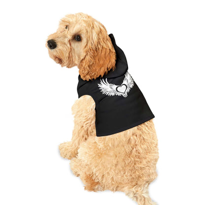Stylish black pet hoodie with winged heart design on a fluffy dog.