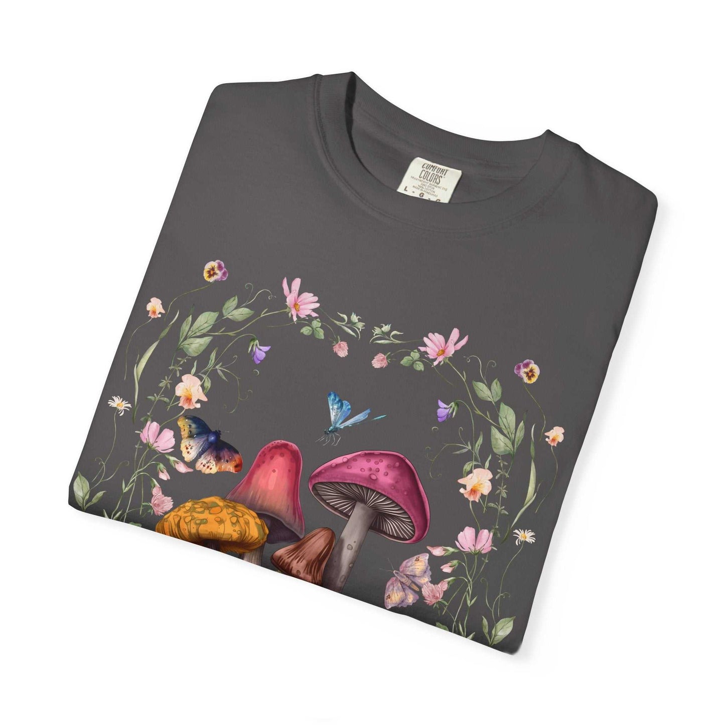 Mushroom flower T-shirt with whimsical nature design and colorful mushrooms.
