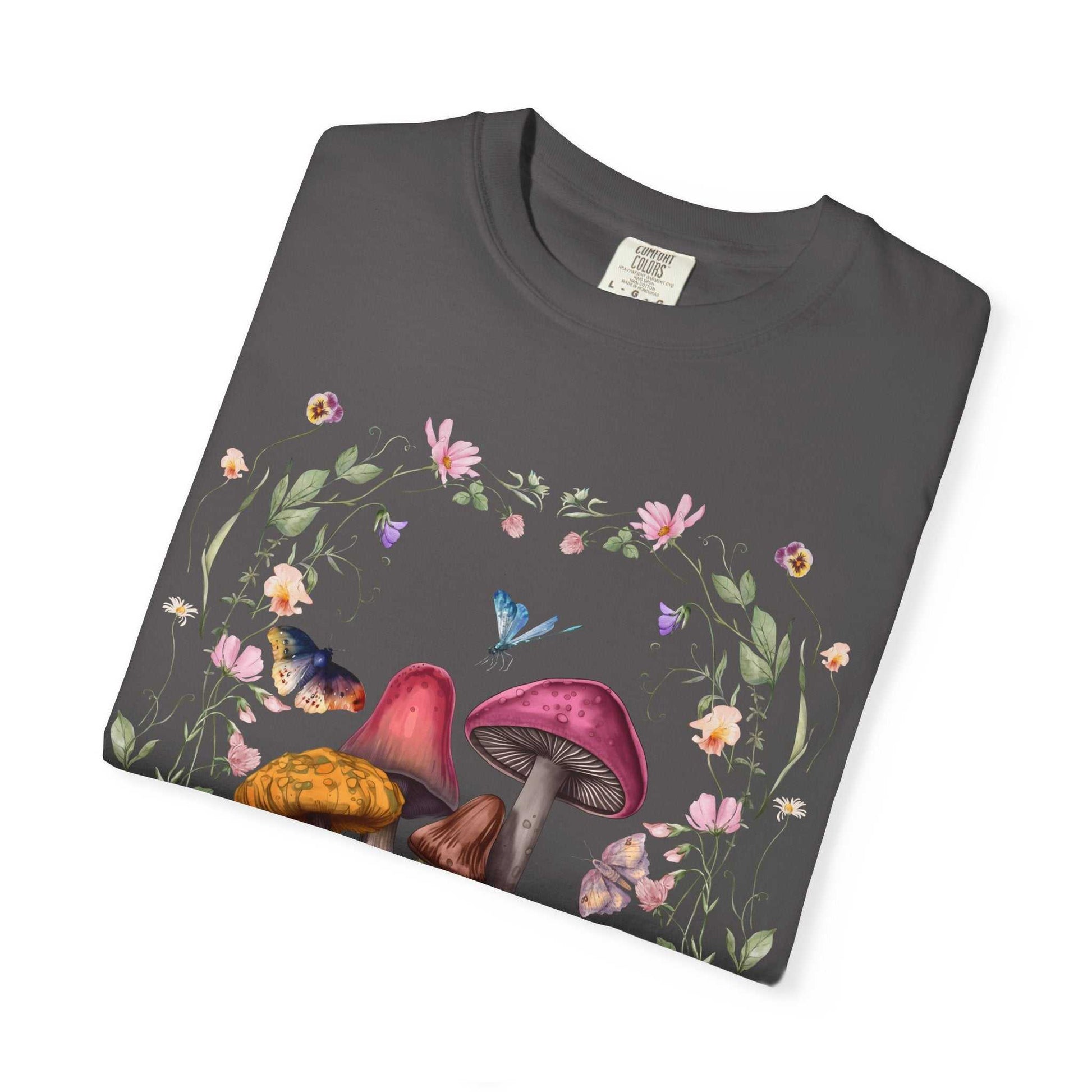 Mushroom flower T-shirt with whimsical nature design and colorful mushrooms.