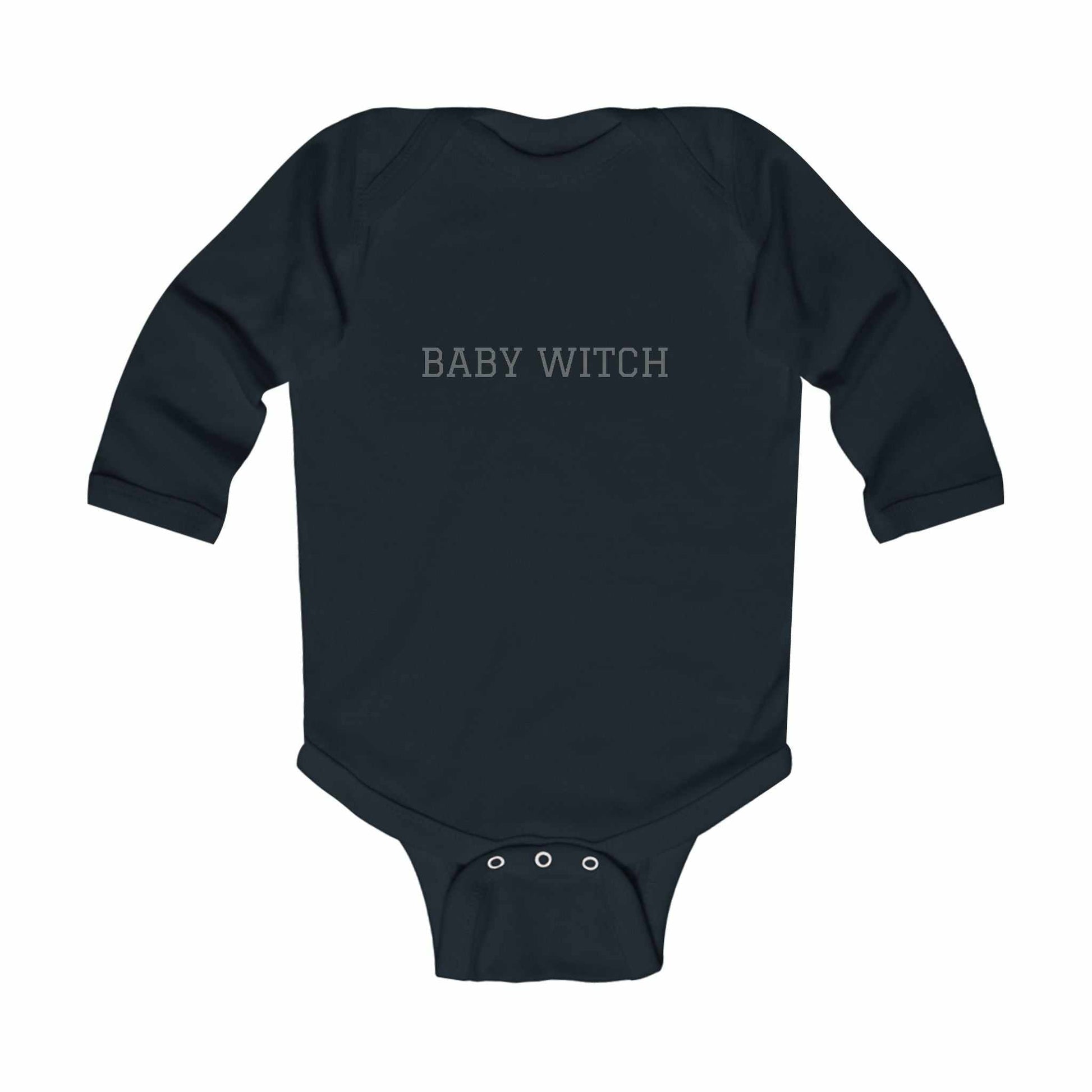Black long-sleeve baby onesie with "Baby Witch" text for infants, perfect for a spooky-themed wardrobe.