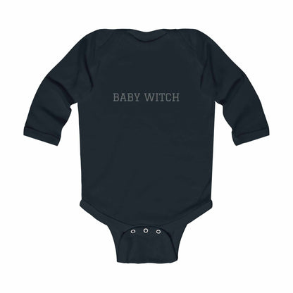 Black long-sleeve baby onesie with "Baby Witch" text for infants, perfect for a spooky-themed wardrobe.