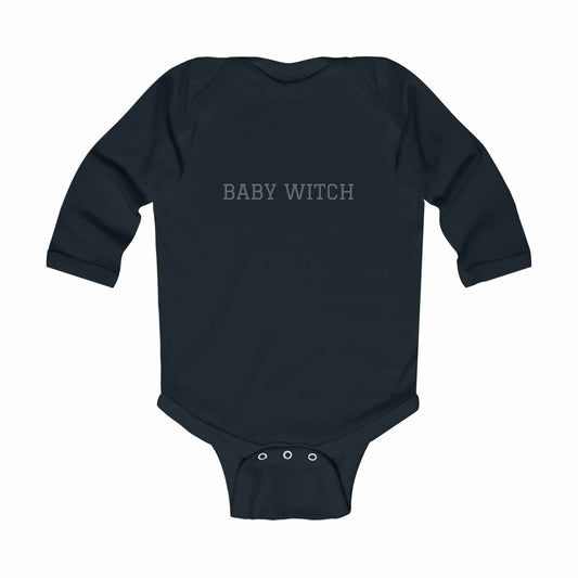 Black long-sleeve baby onesie with "Baby Witch" text for infants, perfect for a spooky-themed wardrobe.