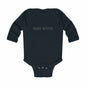 Black long-sleeve baby onesie with "Baby Witch" text for infants, perfect for a spooky-themed wardrobe.